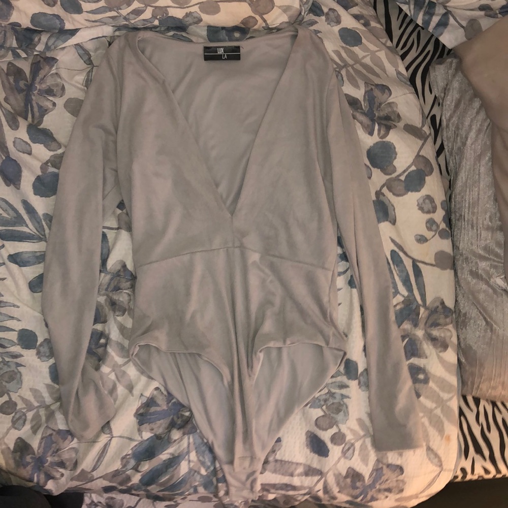 Faux suede v neck bodysuit